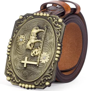 BISON DENIM Men's Western Cowboy Belt with Big Printed Engraved Buckle Strap Adjustable