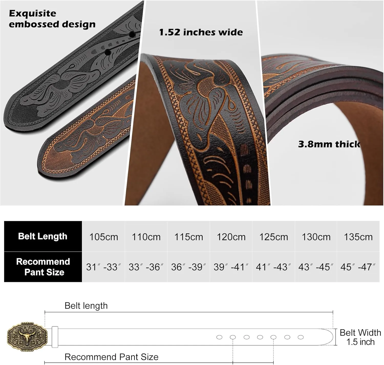 BISON DENIM Men's Western Cowboy Belt with Big Printed Engraved Buckle Strap Adjustable