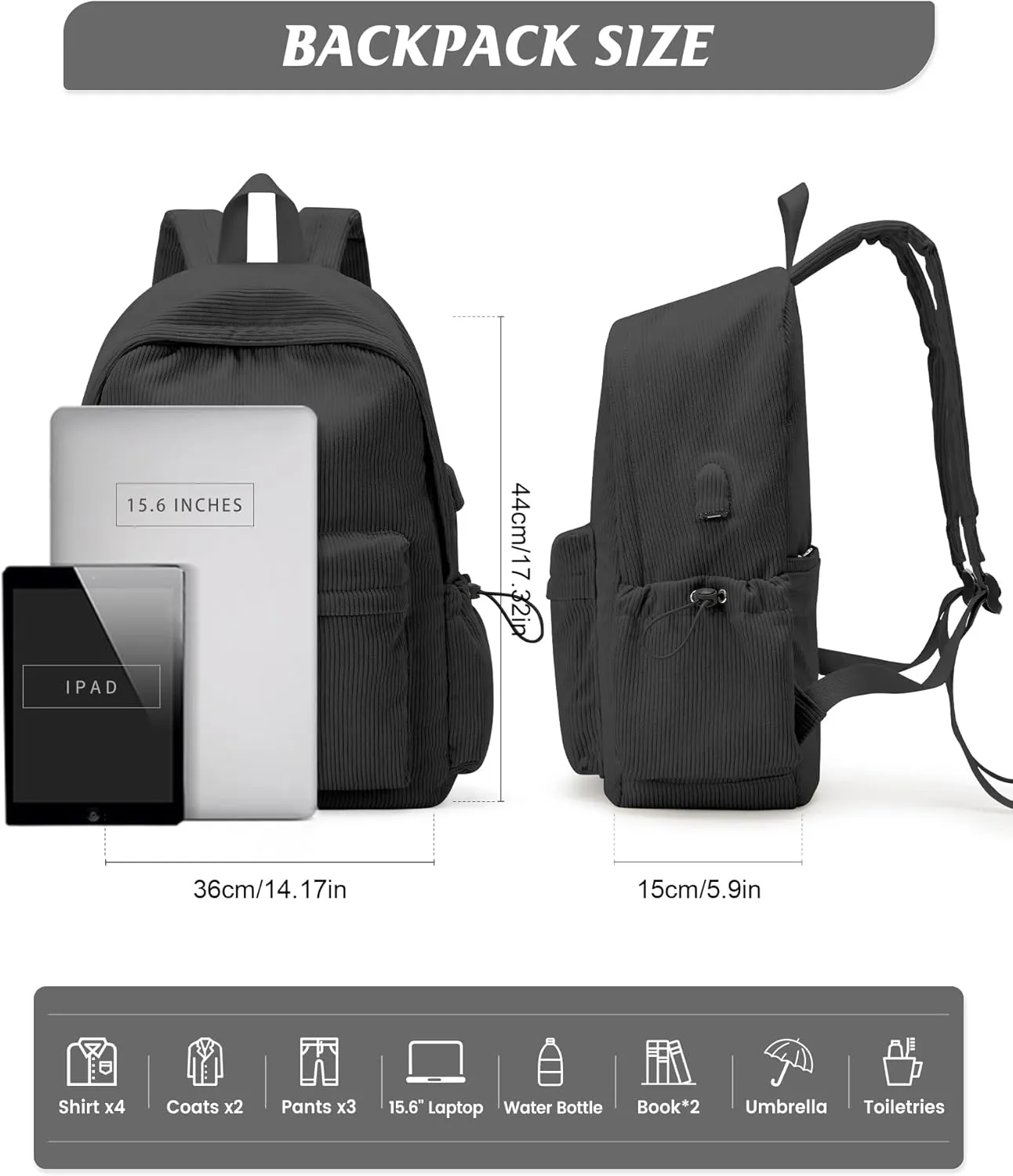 Black Classic Backpack For School Girls Boys Backpack with USB Charging Port College Back pack Lightweight Casual Daypacks Cute High School Bookbag for Students