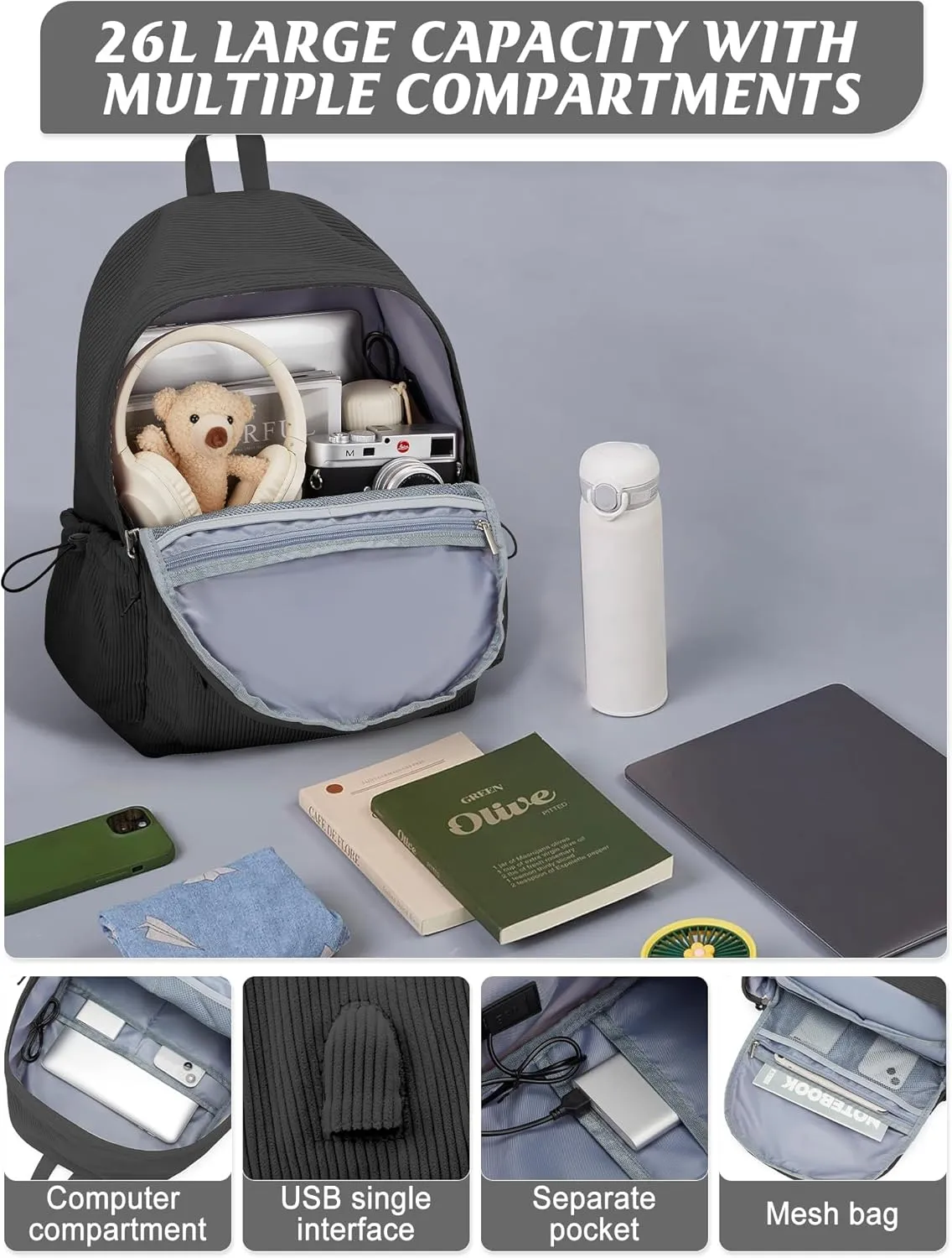 Black Classic Backpack For School Girls Boys Backpack with USB Charging Port College Back pack Lightweight Casual Daypacks Cute High School Bookbag for Students