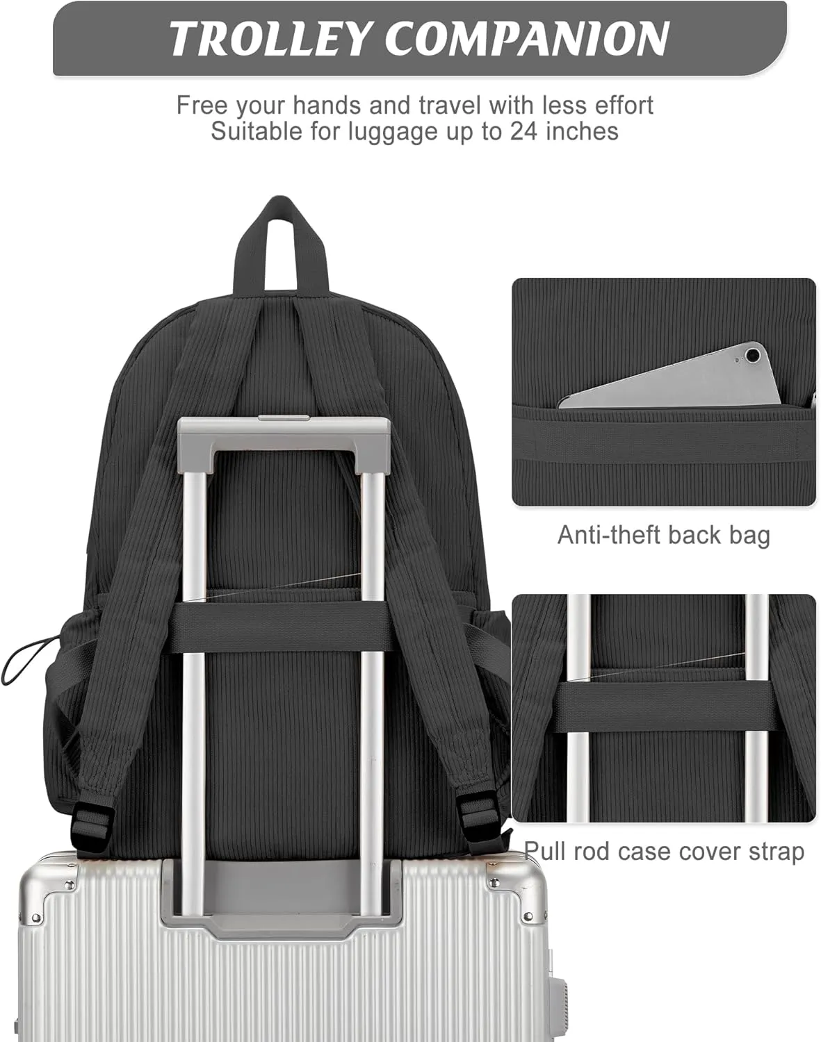 Black Classic Backpack For School Girls Boys Backpack with USB Charging Port College Back pack Lightweight Casual Daypacks Cute High School Bookbag for Students
