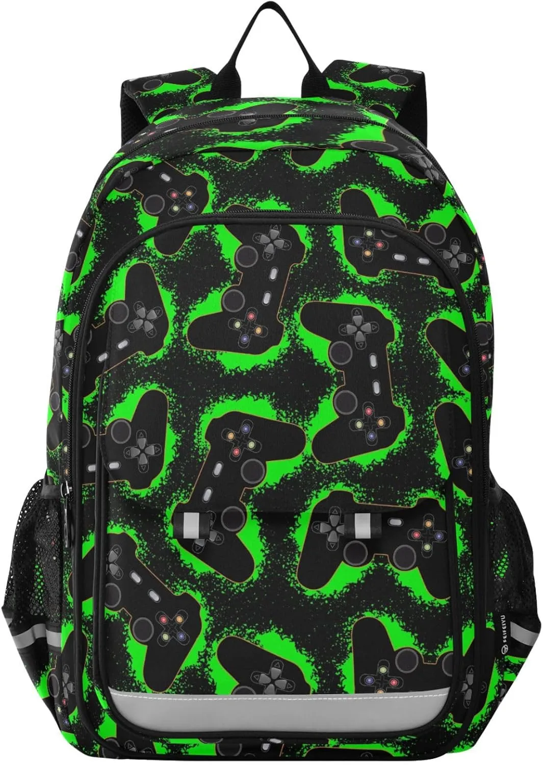 Black Green Video Game Backpack Girls Boys Elementary School Bags Bookbags Laptop Backpack Travel Daypack Safe Reflective Stripes