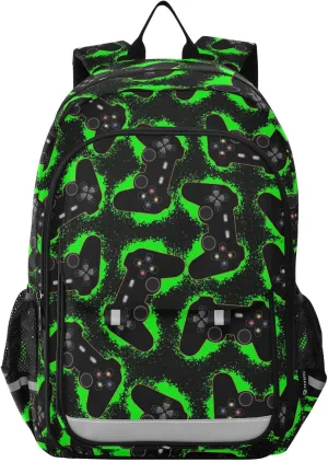 Black Green Video Game Backpack Girls Boys Elementary School Bags Bookbags Laptop Backpack Travel Daypack Safe Reflective Stripes