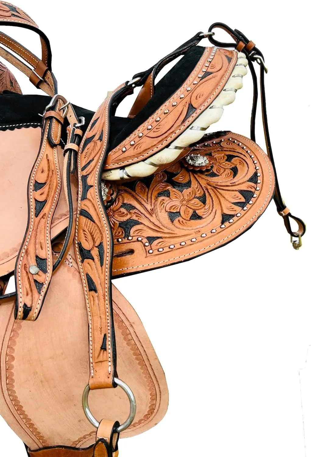 Black Kids/Youth/Adult Western Horse Barrel Saddle Genuine Leather Floral Tooled Trail Saddle Tack Set 10" to 18" ST-219