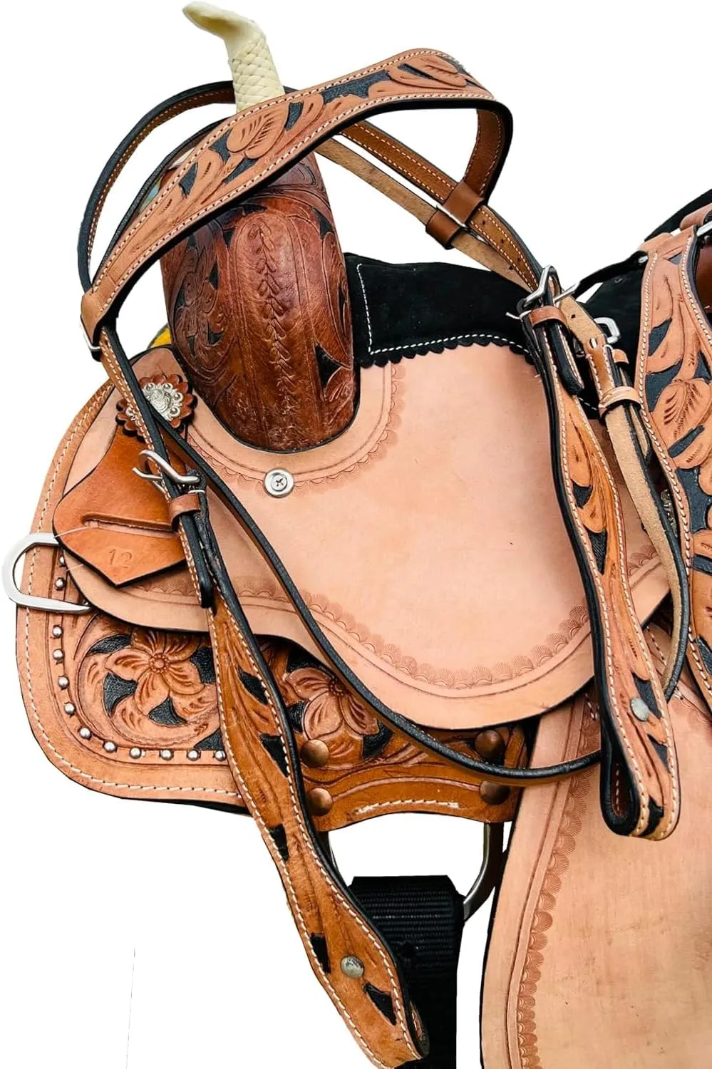 Black Kids/Youth/Adult Western Horse Barrel Saddle Genuine Leather Floral Tooled Trail Saddle Tack Set 10" to 18" ST-219