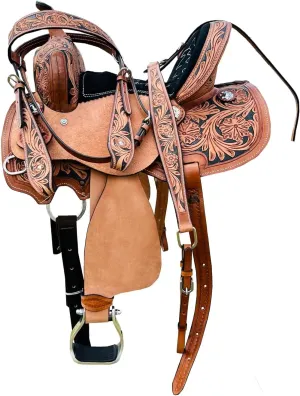 Black Kids/Youth/Adult Western Horse Barrel Saddle Genuine Leather Floral Tooled Trail Saddle Tack Set 10" to 18" ST-219