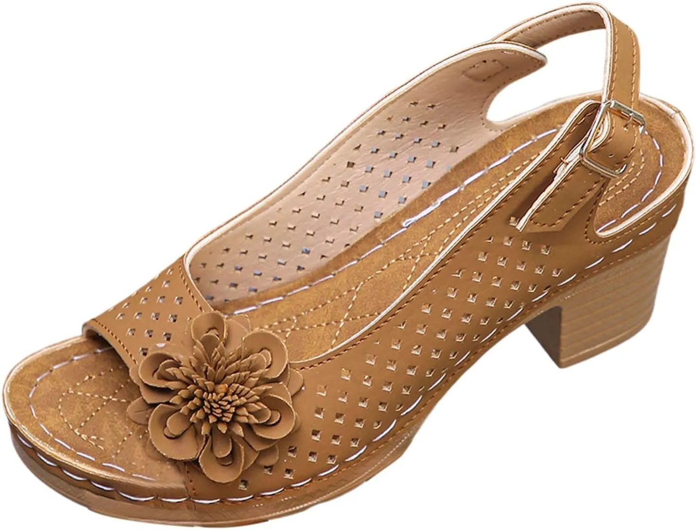 Block Heel Sandals for Women Fashion Orthopedic Sandals Breathable Hollow Out Floral Decor Sandal Summer Open Toe Ankle Buckle Strap Chunky Non Slip Dress Shoes with Arch Support