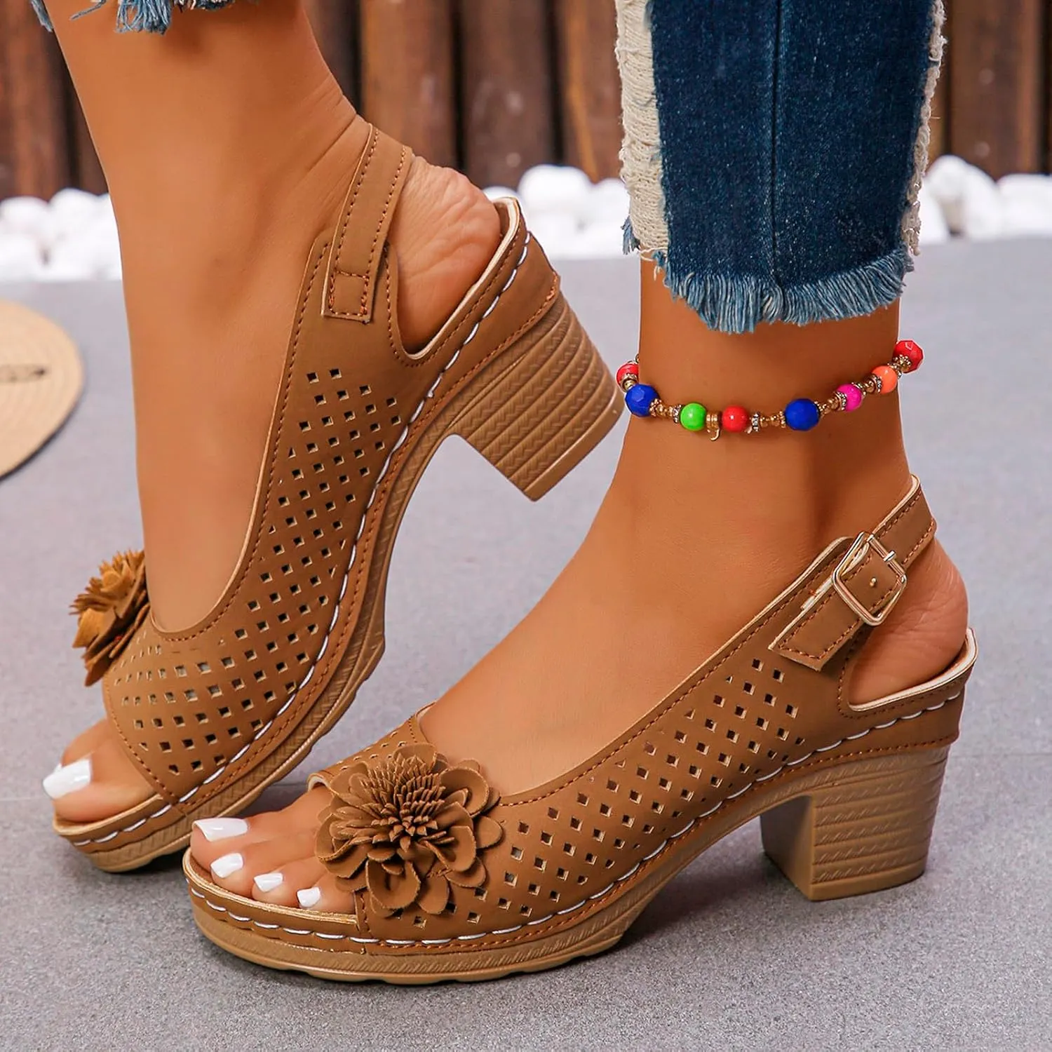 Block Heel Sandals for Women Fashion Orthopedic Sandals Breathable Hollow Out Floral Decor Sandal Summer Open Toe Ankle Buckle Strap Chunky Non Slip Dress Shoes with Arch Support