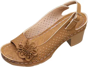 Block Heel Sandals for Women Fashion Orthopedic Sandals Breathable Hollow Out Floral Decor Sandal Summer Open Toe Ankle Buckle Strap Chunky Non Slip Dress Shoes with Arch Support