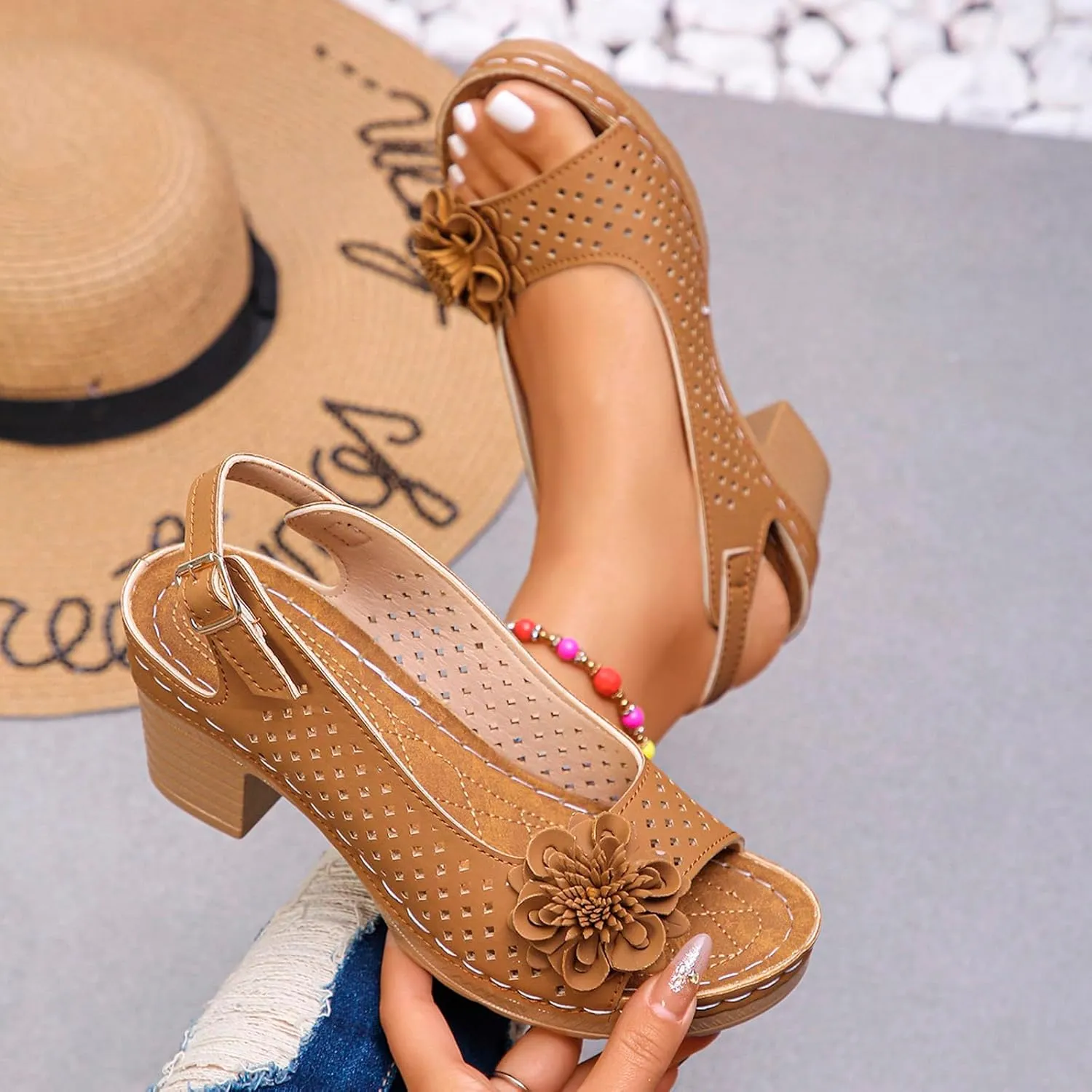 Block Heel Sandals for Women Fashion Orthopedic Sandals Breathable Hollow Out Floral Decor Sandal Summer Open Toe Ankle Buckle Strap Chunky Non Slip Dress Shoes with Arch Support