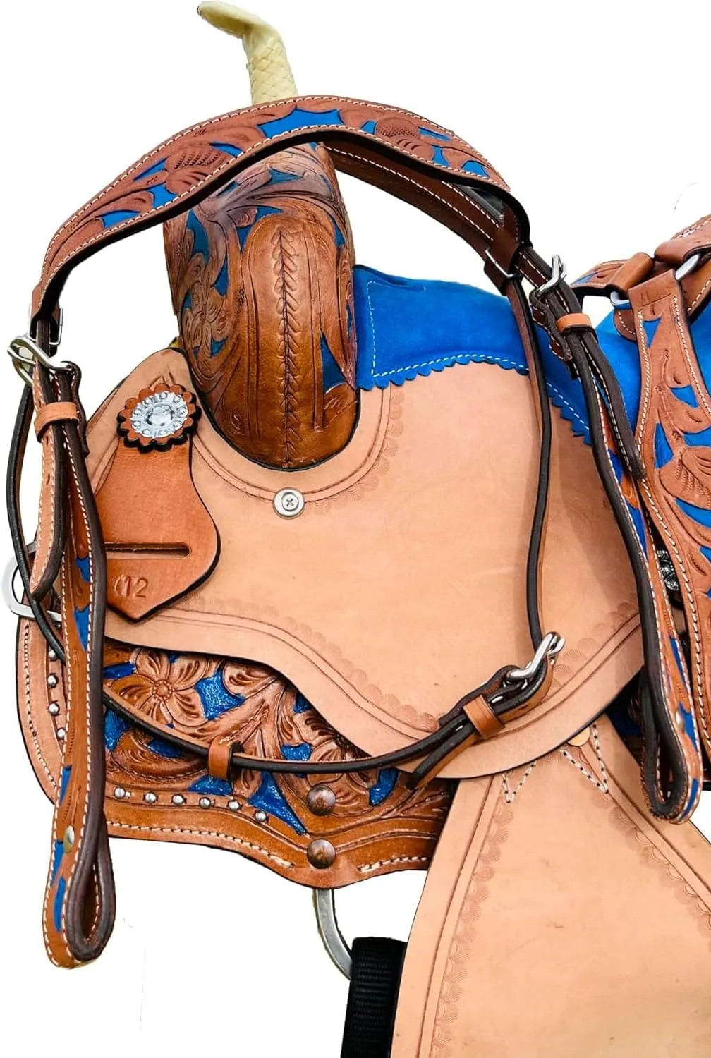 Blue Kids/Youth/Adult Western Horse Barrel Saddle Genuine Leather Floral Tooled Trail Saddle Tack Set 10" to 18" ST-219