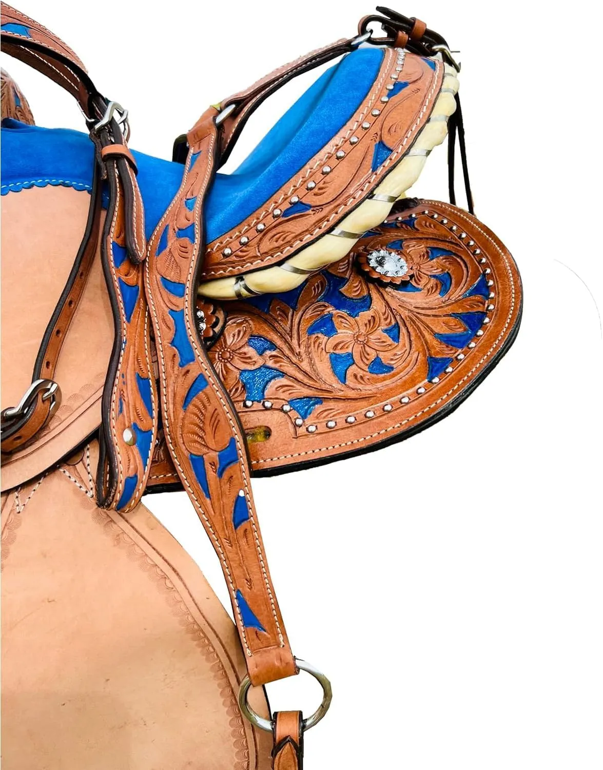 Blue Kids/Youth/Adult Western Horse Barrel Saddle Genuine Leather Floral Tooled Trail Saddle Tack Set 10" to 18" ST-219