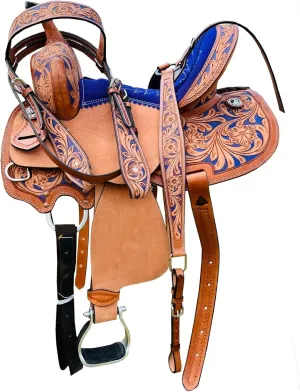 Blue Kids/Youth/Adult Western Horse Barrel Saddle Genuine Leather Floral Tooled Trail Saddle Tack Set 10" to 18" ST-219