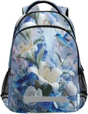 Blue White Bird Daisy Rose Flowers Backpack for Boys Girls Elementary School Bag Kids Travel Bags Casual Rucksack Laptop Bookbag