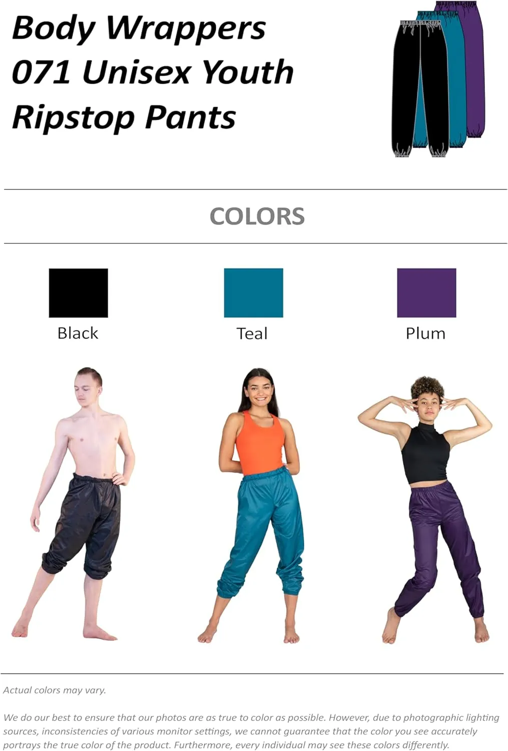 Body Wrappers - Unisex Ripstop Warm Up Pants for Boys & Girls - Style 071