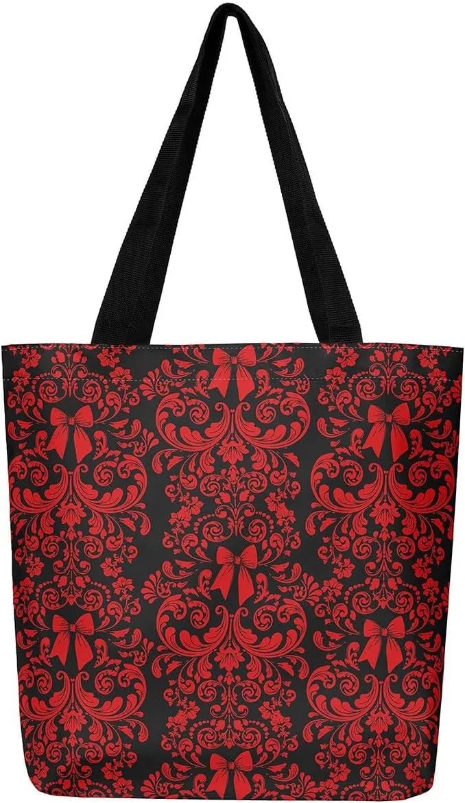 Bow Knot Canvas Tote Bag for Women,Antique Victorian Damask Bowknot Travel Toiletry Bag