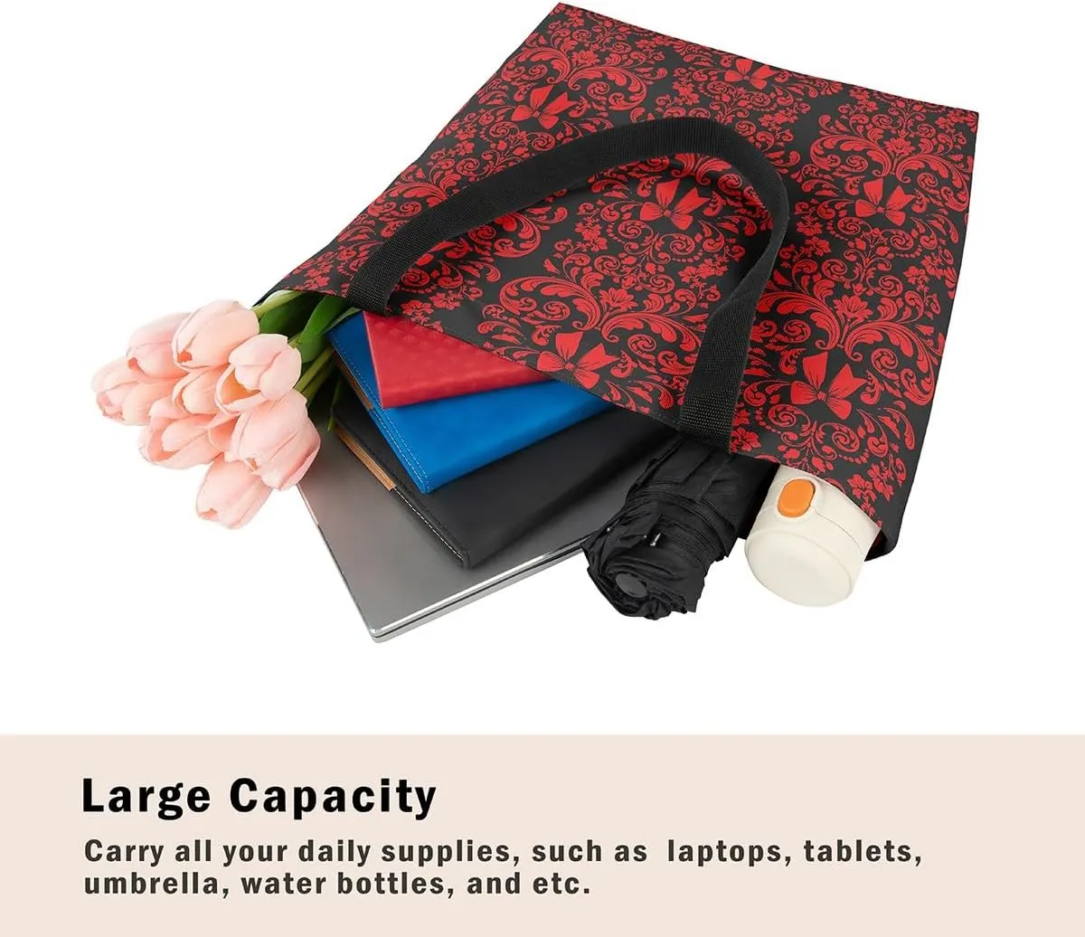 Bow Knot Canvas Tote Bag for Women,Antique Victorian Damask Bowknot Travel Toiletry Bag
