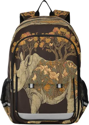 Boys Girls School Bag Rhinoceros Graphic Forest Cute Large Capacity Travel Backpack with Chest Strap