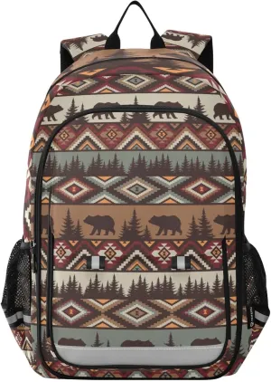 Brown Tribal Bear Backpack Girls Boys Elementary School Bags Bookbags Laptop Backpack Travel Daypack Safe Reflective Stripes