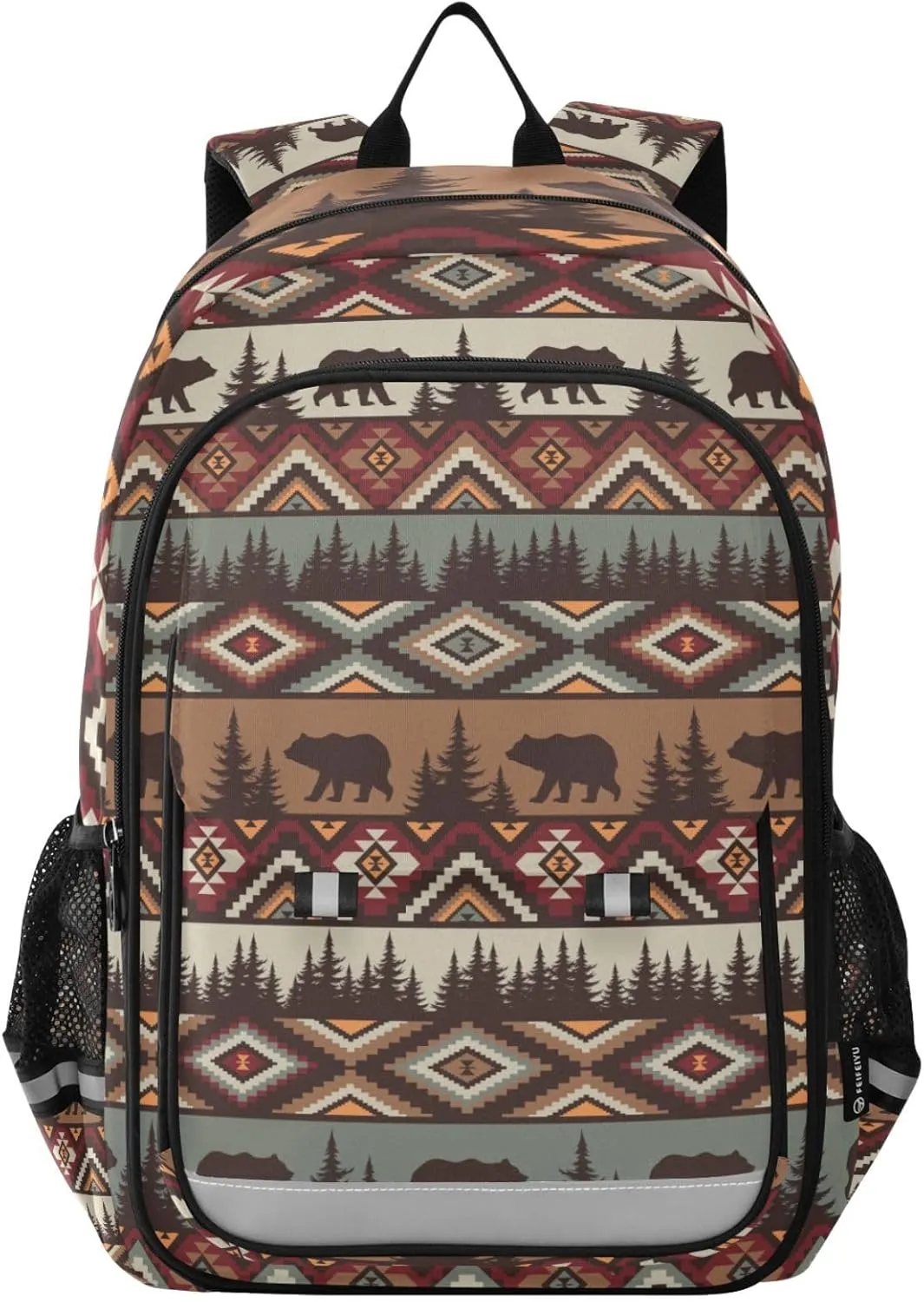Brown Tribal Bear Backpack Girls Boys Elementary School Bags Bookbags Laptop Backpack Travel Daypack Safe Reflective Stripes