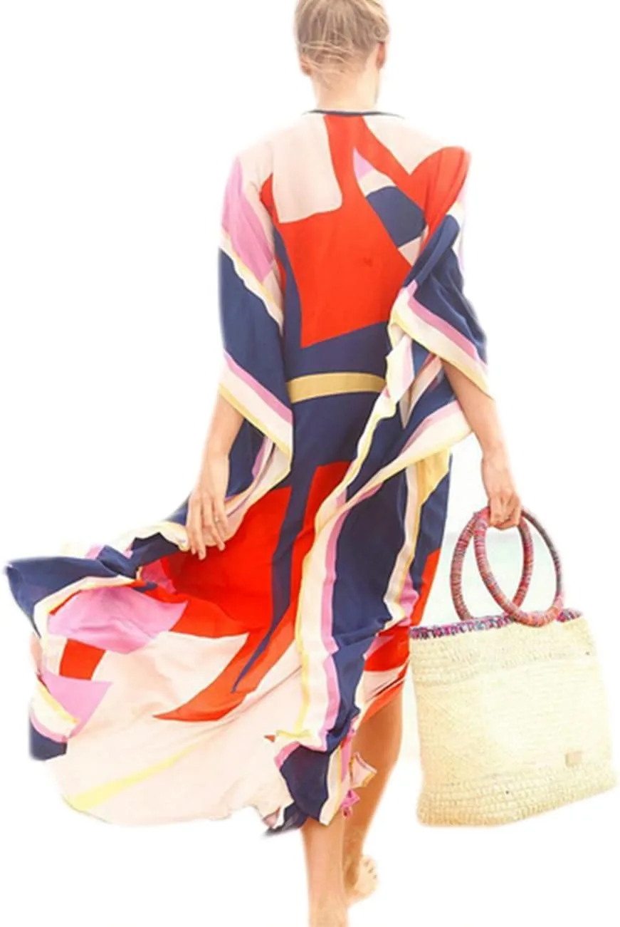 Bsubseach Kaftan Dresses for Women Ethnic Print Beach Dress Summer Swimsuit Cover Ups Tie Dye Long Kimono Dresses