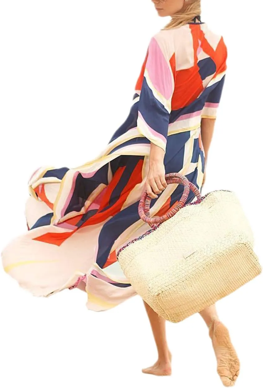 Bsubseach Kaftan Dresses for Women Ethnic Print Beach Dress Summer Swimsuit Cover Ups Tie Dye Long Kimono Dresses