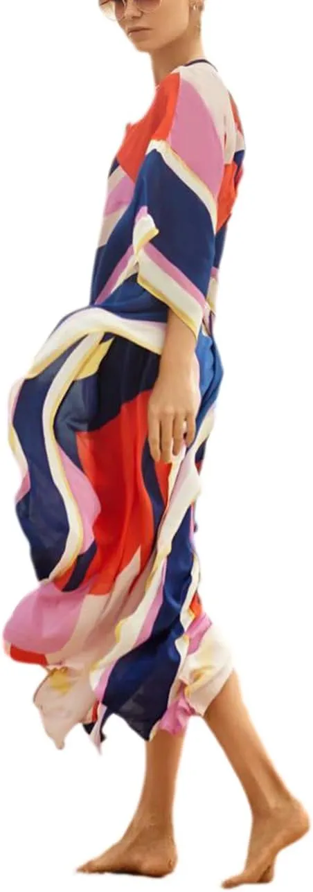 Bsubseach Kaftan Dresses for Women Ethnic Print Beach Dress Summer Swimsuit Cover Ups Tie Dye Long Kimono Dresses