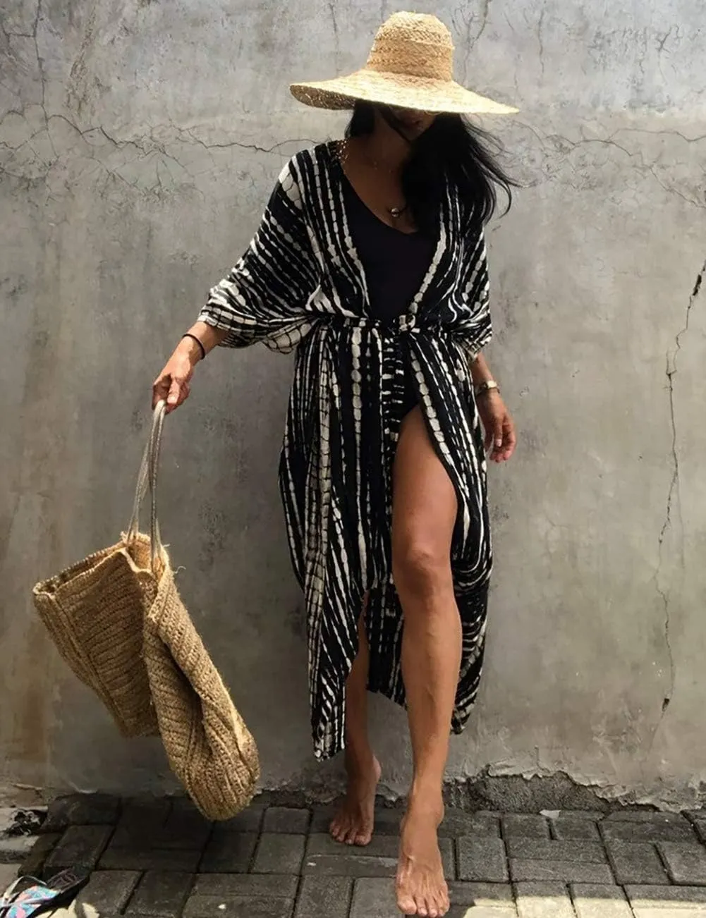 Bsubseach Stylish Tie Dye Open Front Long Kimono Swimsuit Cover Up for Women Swimwear Cover Ups