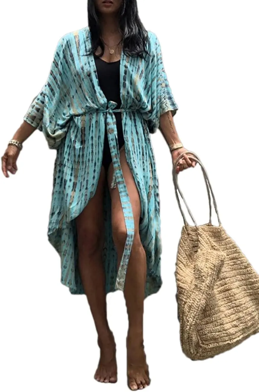 Bsubseach Stylish Tie Dye Open Front Long Kimono Swimsuit Cover Up for Women Swimwear Cover Ups