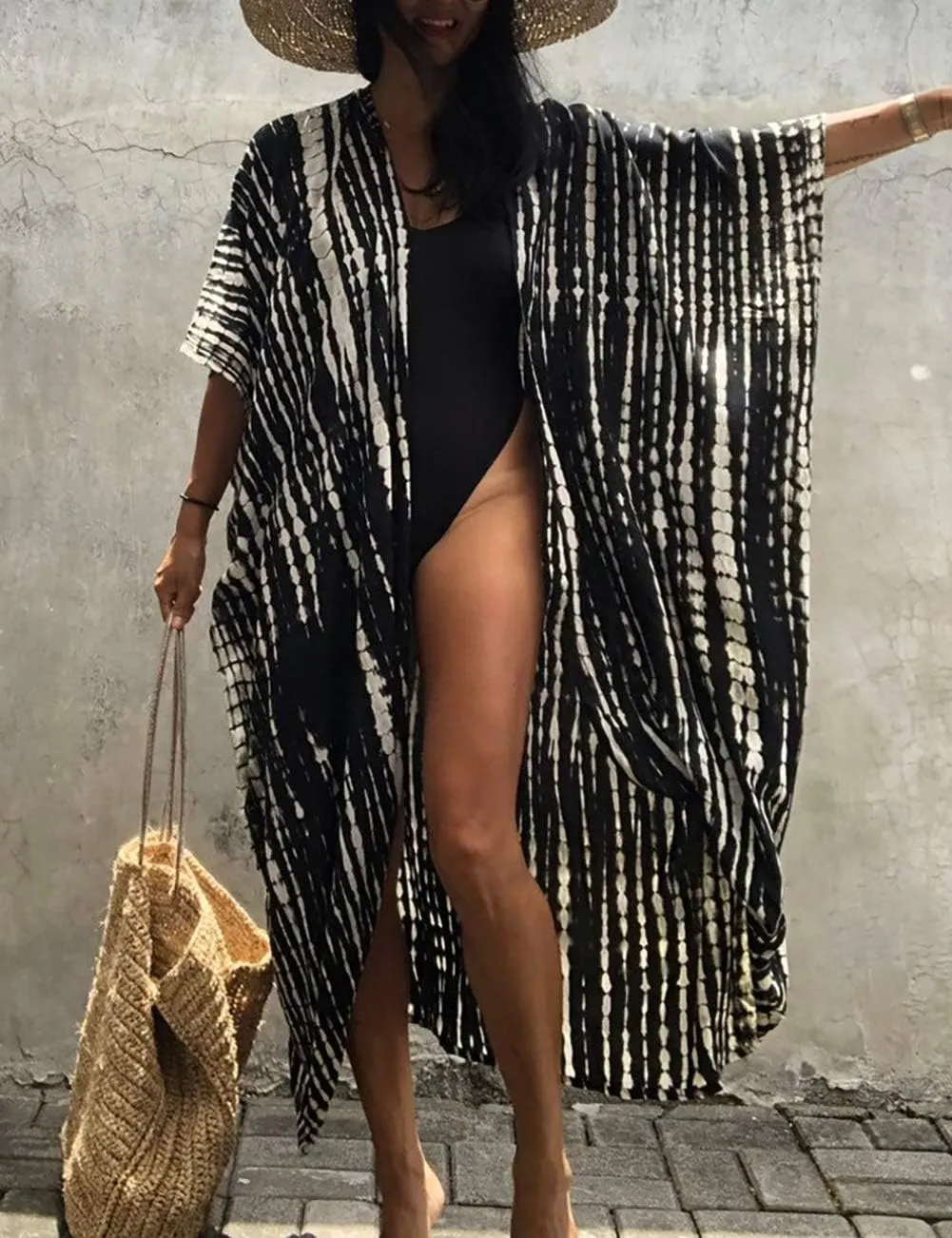 Bsubseach Stylish Tie Dye Open Front Long Kimono Swimsuit Cover Up for Women Swimwear Cover Ups