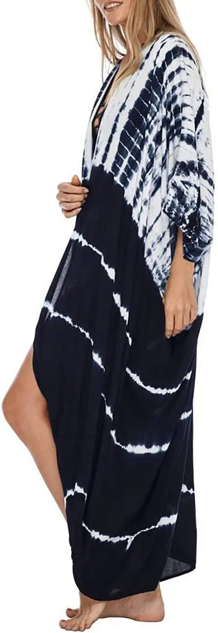 Bsubseach Stylish Tie Dye Open Front Long Kimono Swimsuit Cover Up for Women Swimwear Cover Ups