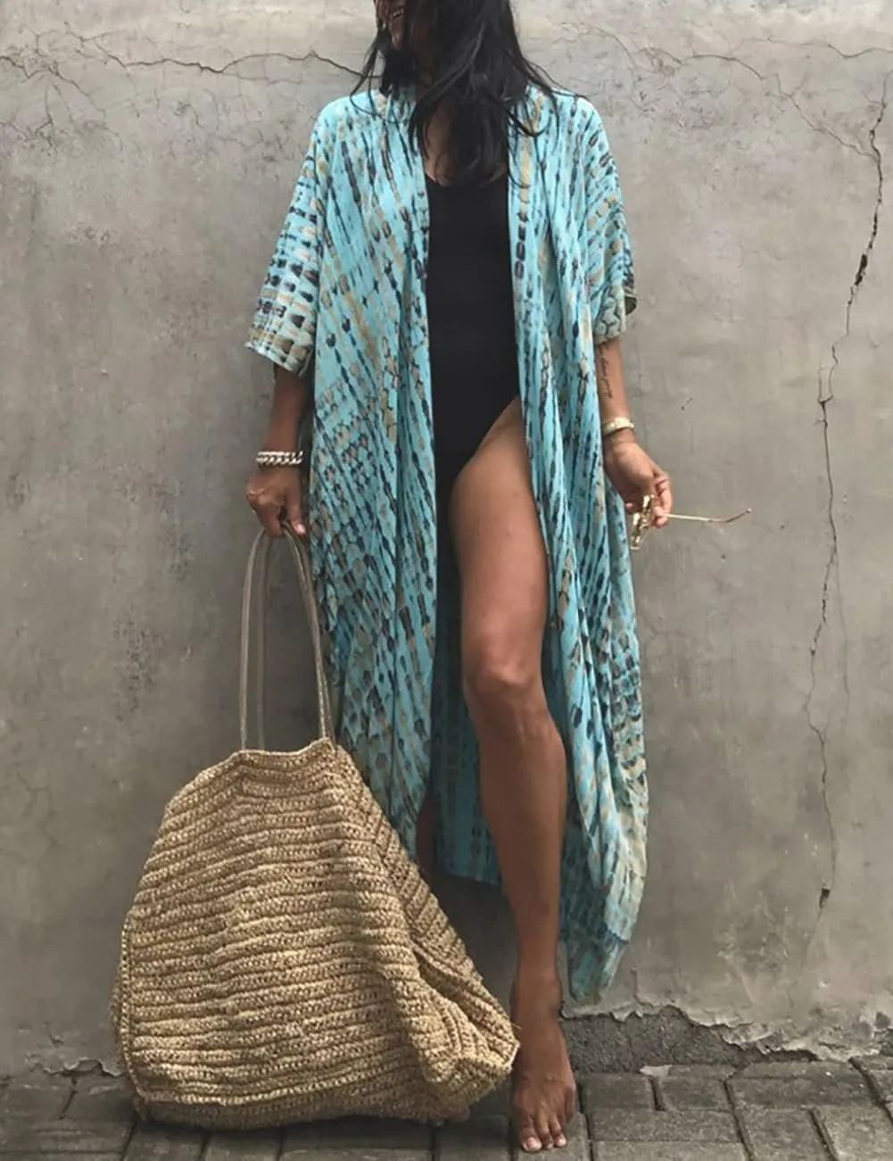Bsubseach Stylish Tie Dye Open Front Long Kimono Swimsuit Cover Up for Women Swimwear Cover Ups