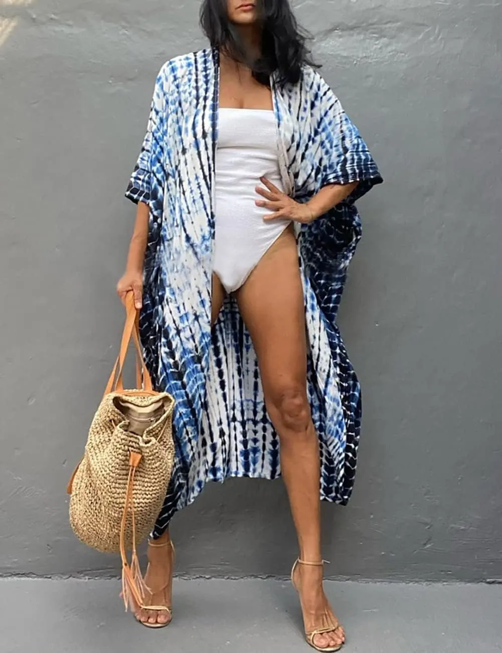 Bsubseach Stylish Tie Dye Open Front Long Kimono Swimsuit Cover Up for Women Swimwear Cover Ups