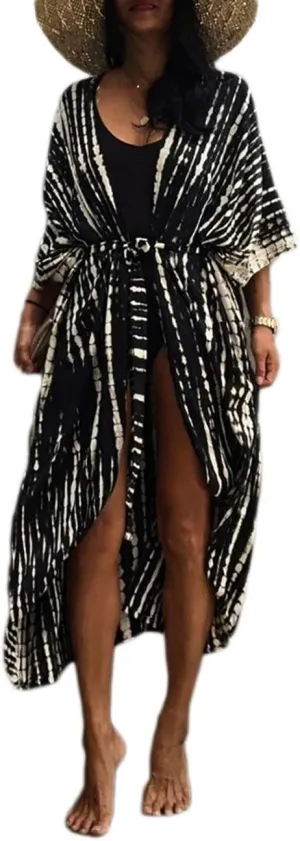 Bsubseach Stylish Tie Dye Open Front Long Kimono Swimsuit Cover Up for Women Swimwear Cover Ups