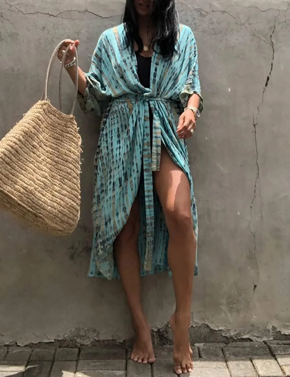 Bsubseach Stylish Tie Dye Open Front Long Kimono Swimsuit Cover Up for Women Swimwear Cover Ups