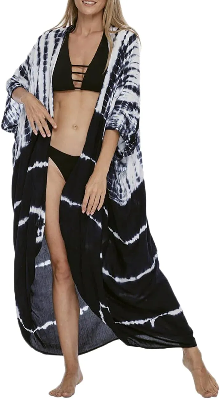 Bsubseach Stylish Tie Dye Open Front Long Kimono Swimsuit Cover Up for Women Swimwear Cover Ups