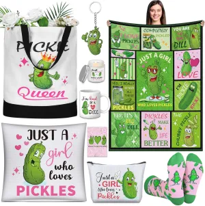 Buryeah 9 Pcs Pickle Gifts for Pickle Lovers Christmas Funny Gifts Set for Women Include 60 x 50'' Blanket Mug Makeup Bag Tote Bag Pillowcase Socks Keychain Candle Card for Employee