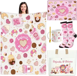 Cafecito Y Chisme Gift for Women Mother's Day Gifts Funny Mexican Gift for Lady Birthday Gift for Mom Sister Wife Mexican Concha Pun Blanket Socks Mug Tote Bag Set Cute Mexican Women Gift