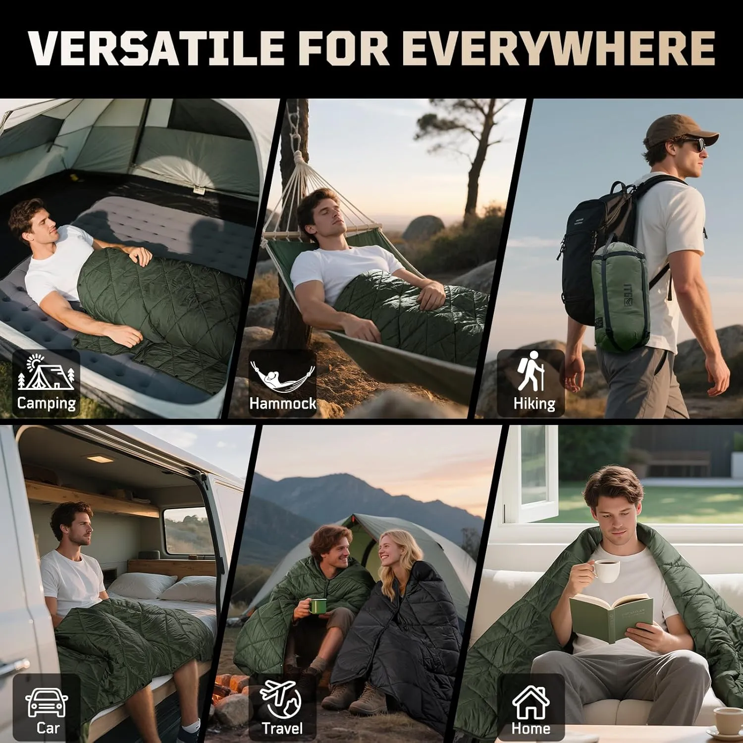 Camping Blanket - Packable, Ultra Warm and Lightweight with Snap Button Backpacking Quilt Water-Resistant, for Sleeping, Outdoors, Travel - Large/Olive Green