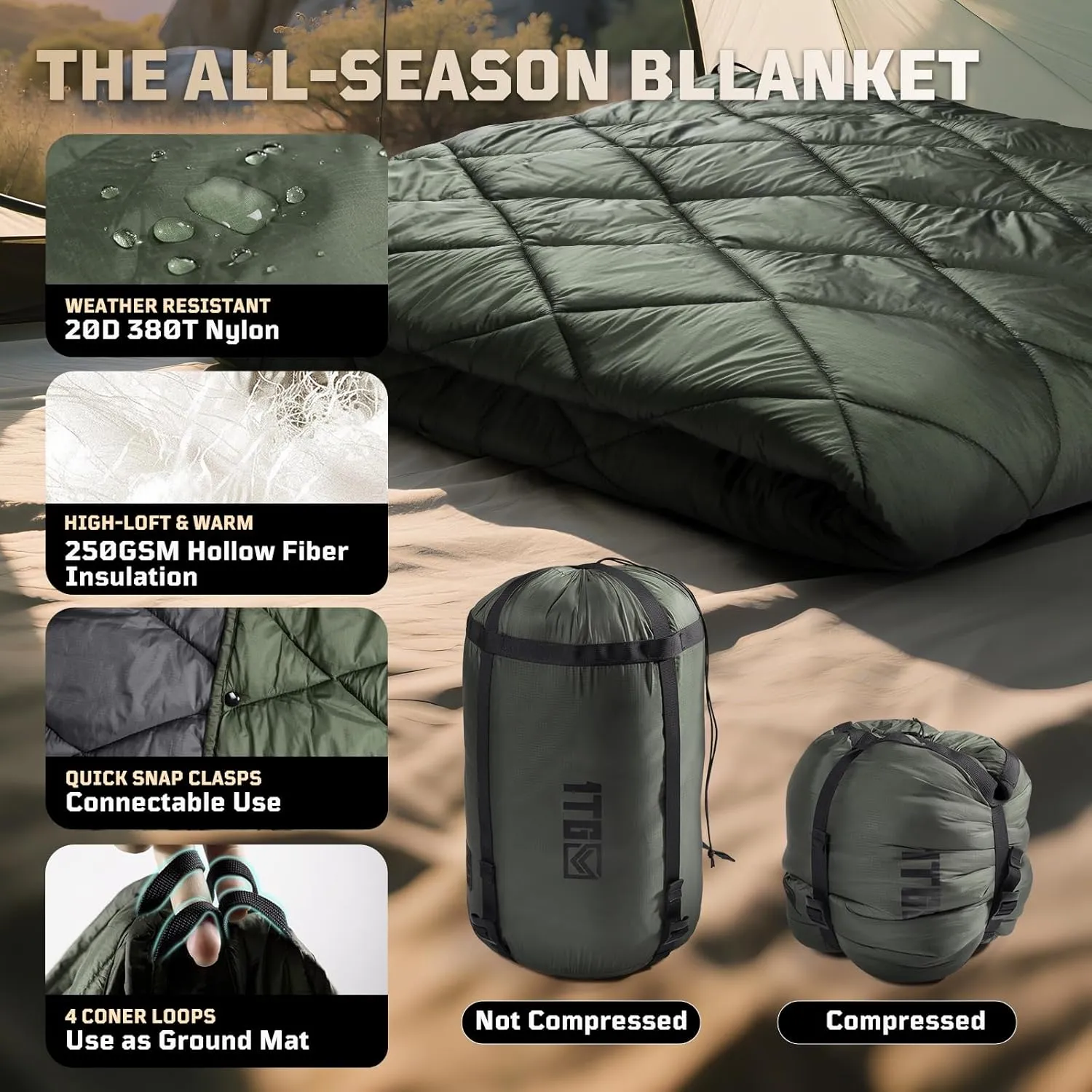 Camping Blanket - Packable, Ultra Warm and Lightweight with Snap Button Backpacking Quilt Water-Resistant, for Sleeping, Outdoors, Travel - Large/Olive Green