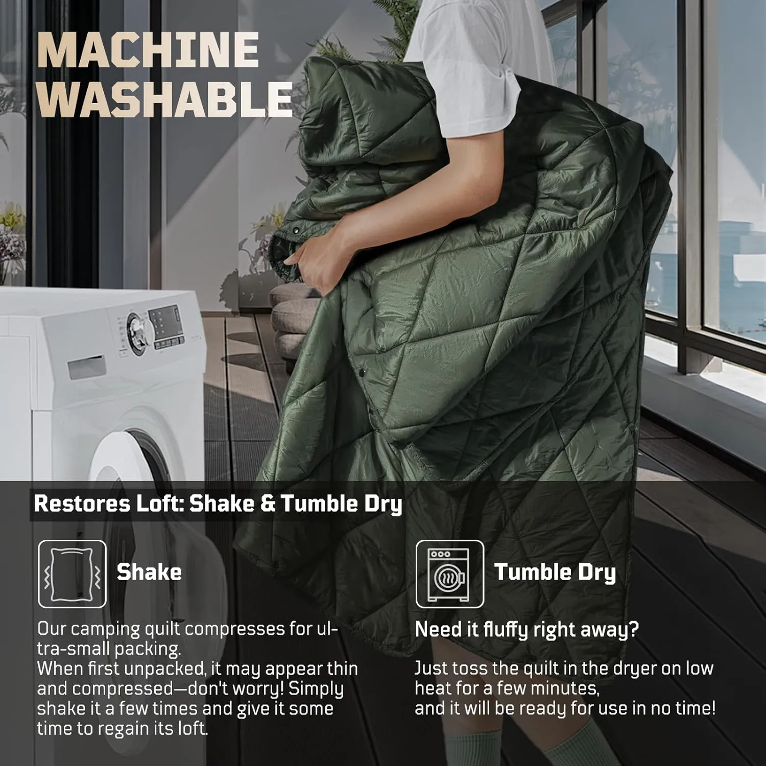 Camping Blanket - Packable, Ultra Warm and Lightweight with Snap Button Backpacking Quilt Water-Resistant, for Sleeping, Outdoors, Travel - Large/Olive Green