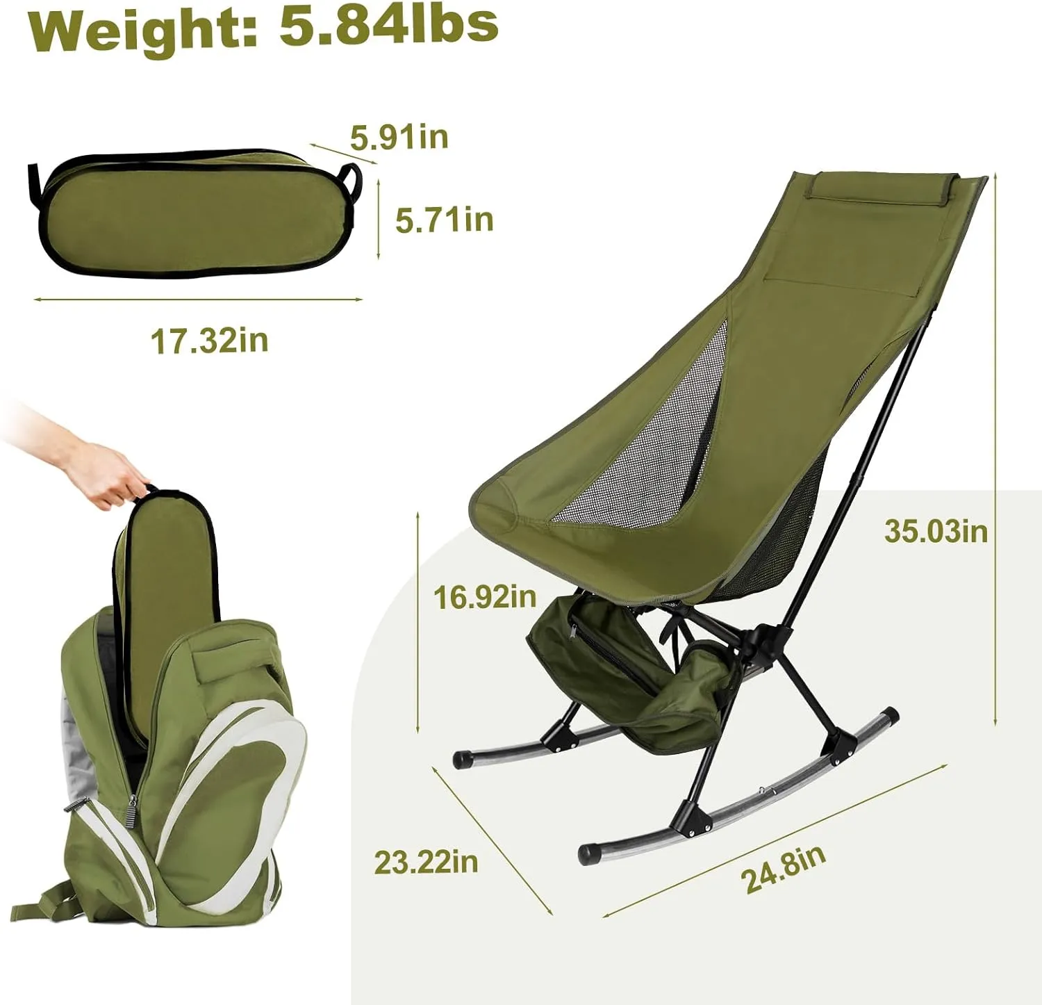 Camping Chair, Portable Fully Padded Camping Chair with Lumbar Support, Lightweight Foldable Chair with Carry Bag for Outdoor Camp, Hiking, Travel, Beach and Picnic (Green)