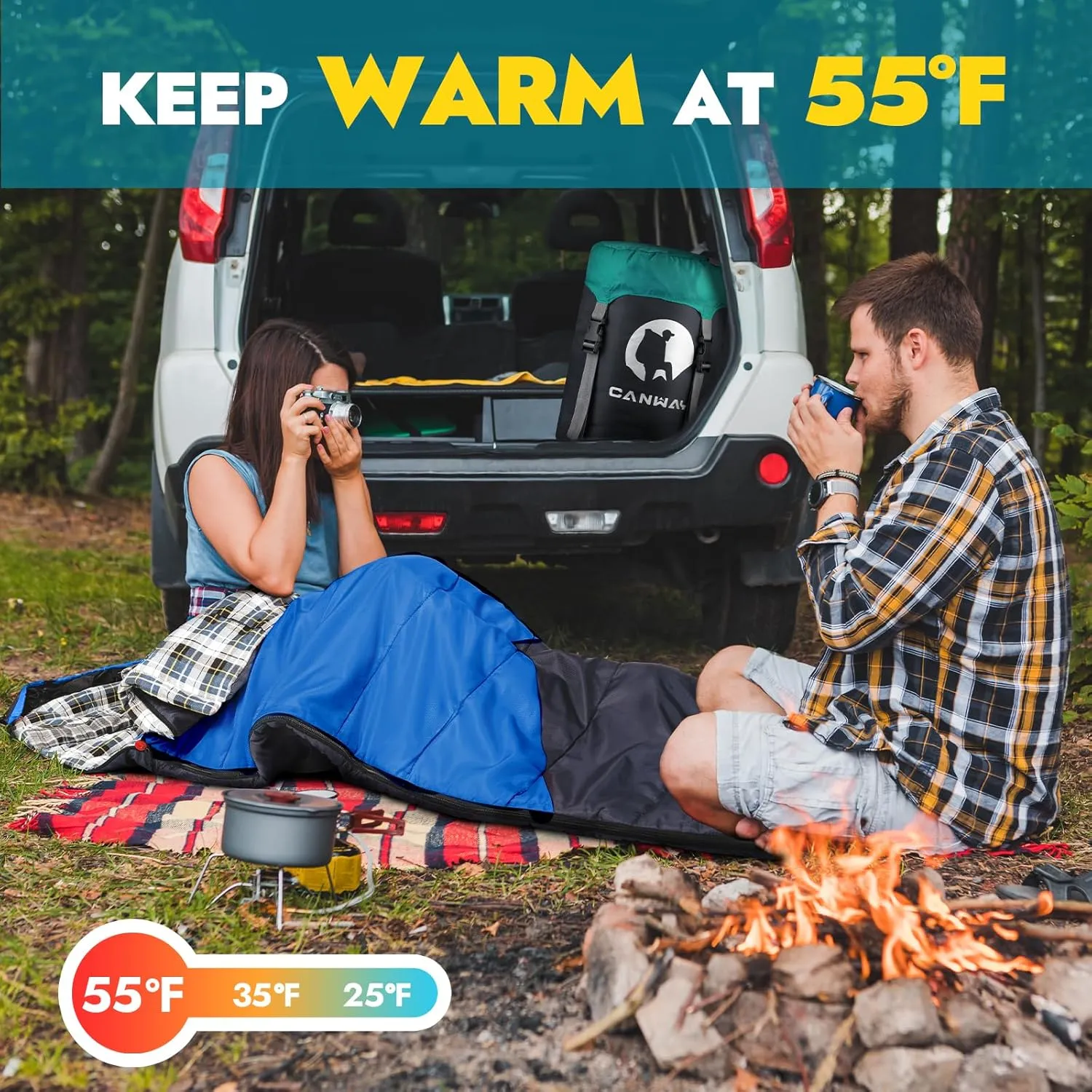 CANWAY Flannel Sleeping Bag for Adults & Kids - Camping & Backpacking - Cold & Warm Weather - Compression Sack