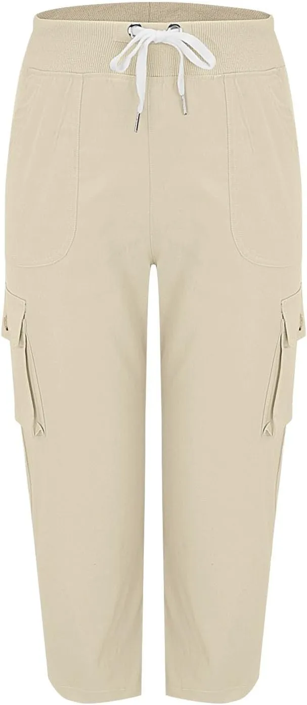 Cargo Capris for Women Summer Casual Drawstring Lightweight Outdoor Travel Hiking Cropped Pants with 6 Pockets