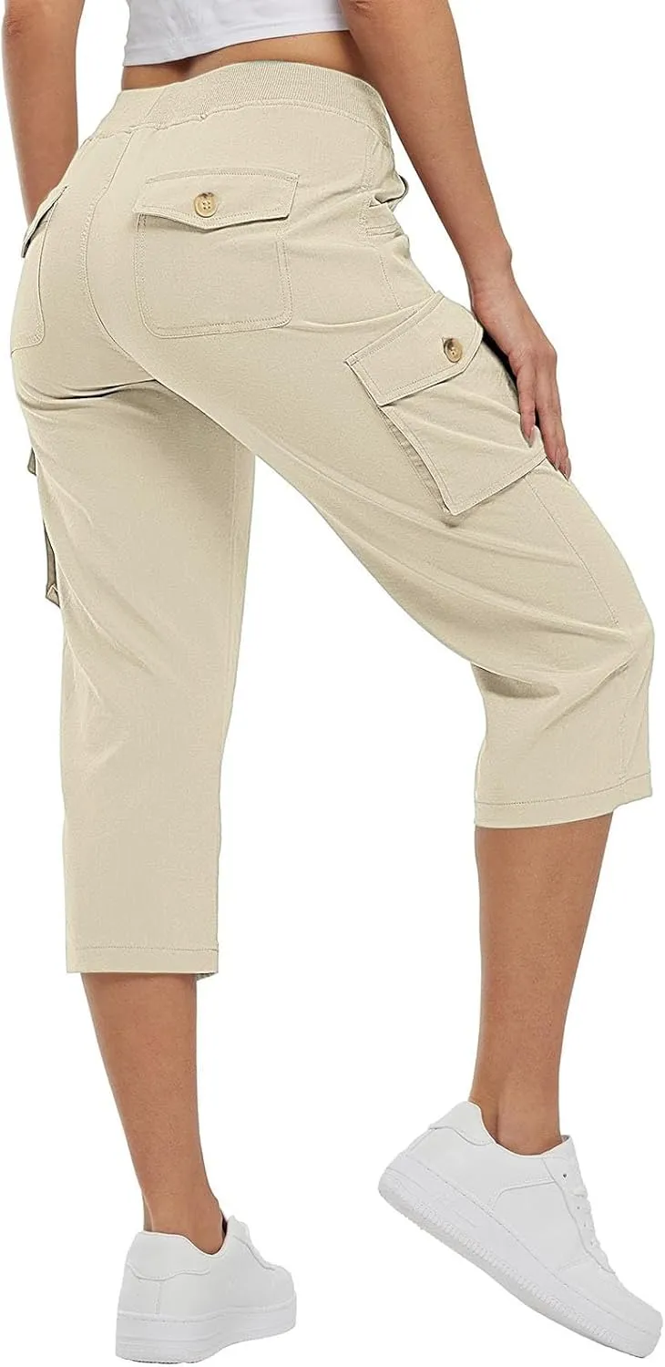 Cargo Capris for Women Summer Casual Drawstring Lightweight Outdoor Travel Hiking Cropped Pants with 6 Pockets