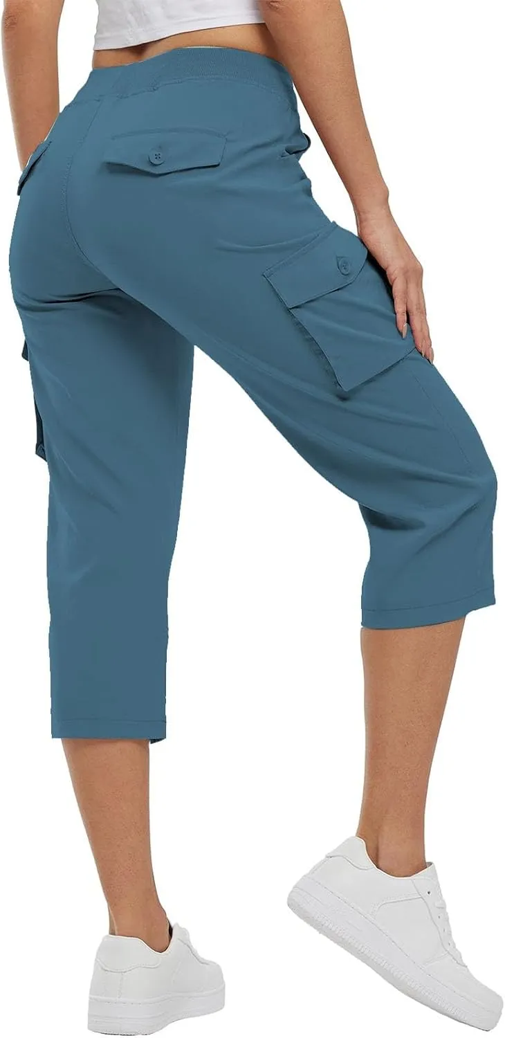 Cargo Capris for Women Summer Casual Drawstring Lightweight Outdoor Travel Hiking Cropped Pants with 6 Pockets