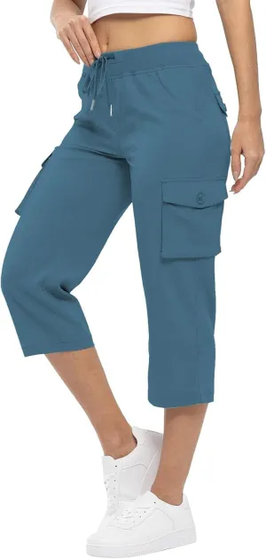 Cargo Capris for Women Summer Casual Drawstring Lightweight Outdoor Travel Hiking Cropped Pants with 6 Pockets