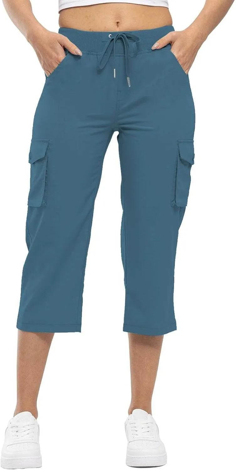 Cargo Capris for Women Summer Casual Drawstring Lightweight Outdoor Travel Hiking Cropped Pants with 6 Pockets