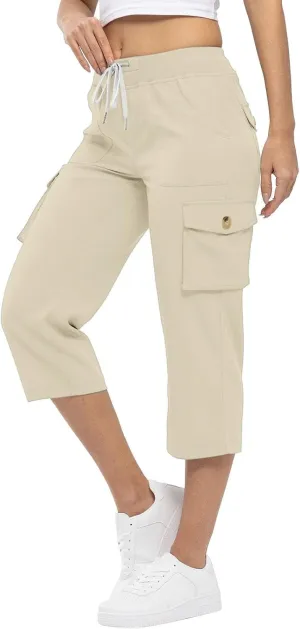 Cargo Capris for Women Summer Casual Drawstring Lightweight Outdoor Travel Hiking Cropped Pants with 6 Pockets