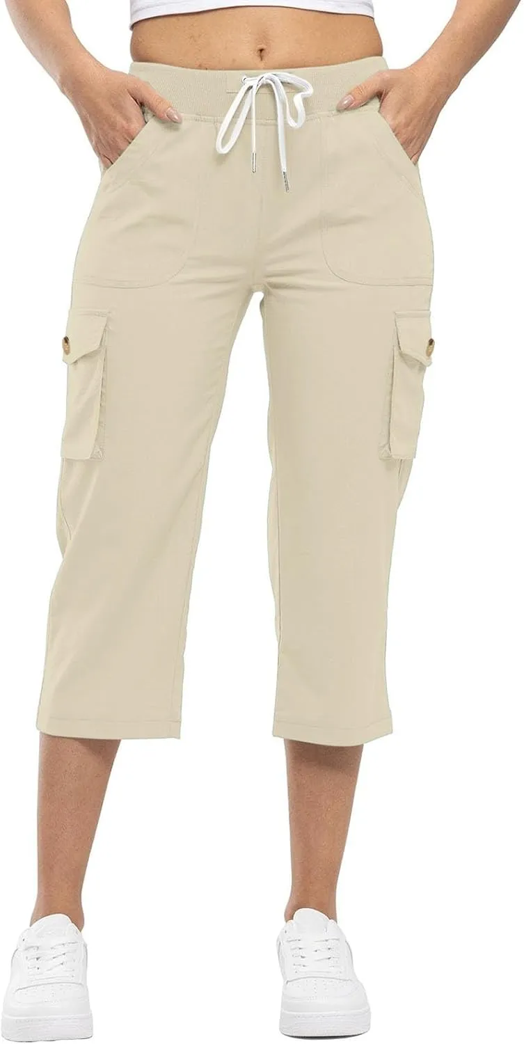 Cargo Capris for Women Summer Casual Drawstring Lightweight Outdoor Travel Hiking Cropped Pants with 6 Pockets